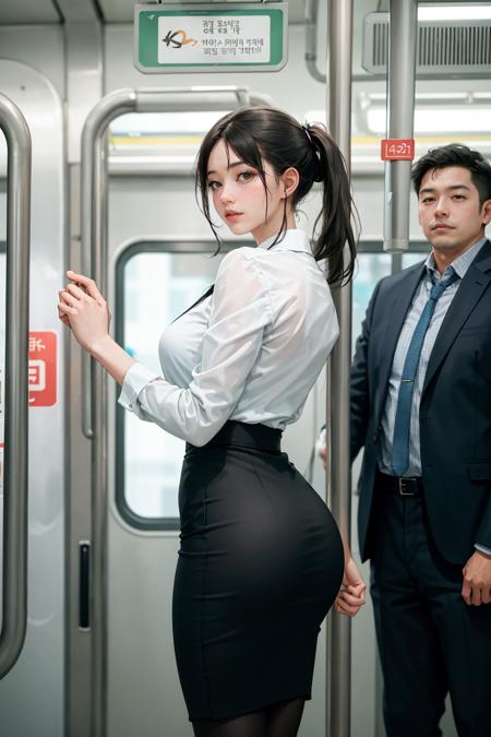 masterpiece, best quality, (realistic), high quality, 4k, (masterpiece:1.2), (best quality:1.2), (Realistic photos:1.2), 8K, Movie poster photos, intricate details,
A young Korean woman in office attire stands holding a subway handrail, deep in thought as she travels to work during the morning rush hour. She wears a grey blazer with matching trousers and black heels. Her jet black hair is parted neatly and cascades over her shoulders. In one hand she grips her phone while the other holds her balance steady as the train sways. Blurred urban commuters fill the subway car around her, but the woman gazes contemplatively into the distance, mentally preparing for the busy day ahead. The metallic rattling of the train on the tracks fills the background as city buildings swiftly pass by outside in the emerging daylight
(( 3/4 body : 1.2 )) <lora:GoodHands-vanilla:1> , (( big breasts )) , (( cleavage ))
(((( 5+ old men )) standing around
 <lora:uglyBastard_v54a:1>
(((<lora:grabbing_anothers_ass_v.2.3:1> grabbing another's ass, 2boys, from side, netorare, pencil skirt, office lady,, masterpiece, best quality, highly detailed,)))
 <lora:grabbing_anothers_ass_v.2.3:0.8>, (masterpiece,best quality:1.5)