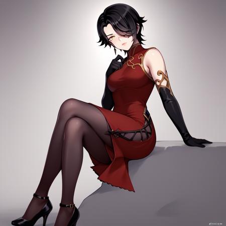 CinderFall_RWBY Long black hair,yellow eyes, short red dress, bare shoulders, high heels, bare shoulders, choker short black hair, hair over one eye, scarred hidden eye, yellow eyes, long red dress, long sleeve, black elbow glove, high heels, leg slit, black pantyhose short black hair, hair over one eye, eyepatch hidden eye, yellow eyes, black jumpsuit, thigh high boots, black cape, eyepatch, belt, black corrupted arm