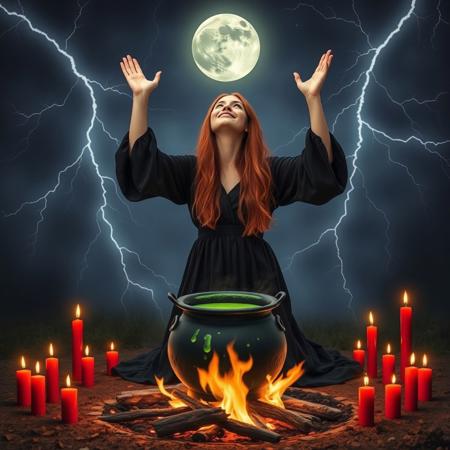 a woman is dressed in a long black dress with raglan sleeves. she has long red hair. she is kneeling on the ground in front of a fire. there is a cauldron on the fire. the cauldron has green bubbling liquid in it. the woman and the cauldron are surrounded by a circle of burning red candles. the woman has her hands up in the air and her face is skyward. there is lightning in the sky with a full moon and stars. the lightning surrounds the woman.