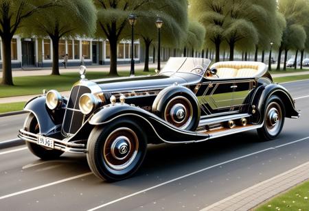 RetroBG, an art deco, lazypos, retrofuturistic 1920th style Mercedes-Benz W25, reflective surfaces, on the park road