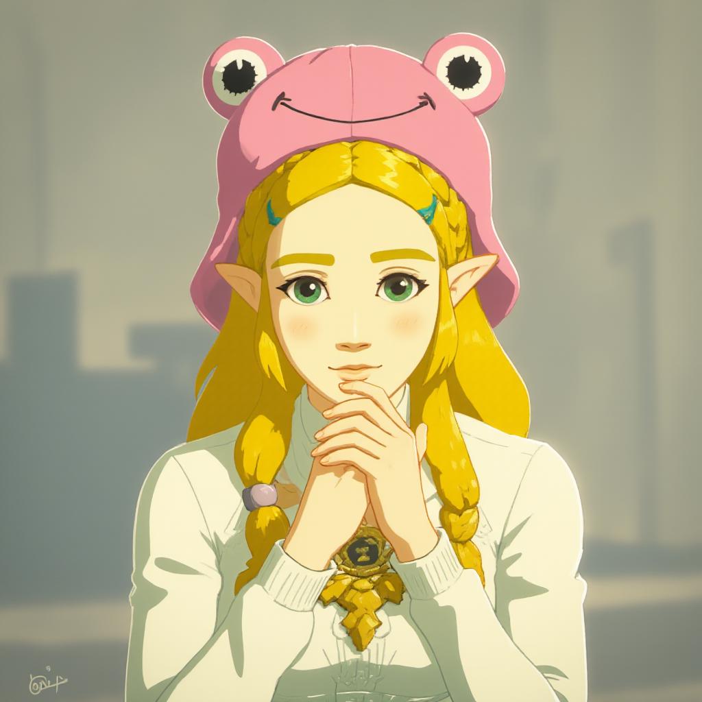 Princess Zelda wearing a pink froggy hat <lora:Froggy_Hat:1>  <lora:Zeldav2_000008000update:1>