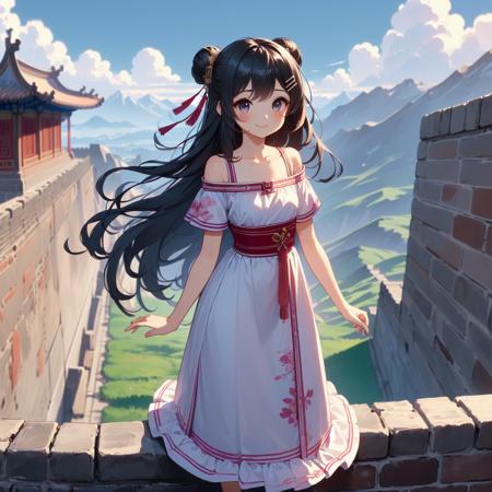 (((masterpiece))),  (((best quality))),  (((china style))),  (((grassland and mountain ))),  wind,  cloud sky,  night,  solo,  1girl,  smile,  rosy lips,  short sleeves,  off shoulders,  qipao hanfu mixed,  (((collarbone))),  ((girl stand on top floor of city wall)),  teenager,  ((ribbon bunhair longhair)),  hairclip,  ((petite figure)),<lora:EMS-221092-EMS:1.000000>