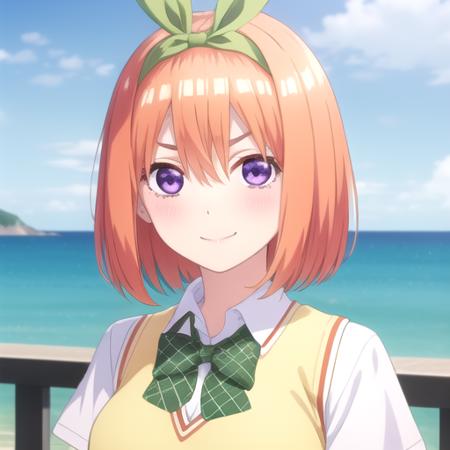 ((masterpiece)),(best quality),official art,extremely detailed CG,unity 8k wallpaper,ultra detailed,A lighthouse on a cliff by the sea,1girl,solo,upper body,(portrait:1.2),white_shirt,smile,green_ribbon,bangs,pleated_skirt,green_skirt,short_sleeves,yellow sweater vest,hair_ribbon,collared_shirt,blush,green_bow,hair_between_eyes,orange_hair,purple_eyes,eyebrows_hidden_by_hair,looking_at_viewer,school_uniform,v-shaped_eyebrows,medium breasts,short_hair,<lora:Nakano Yotsuba(tqq)>,