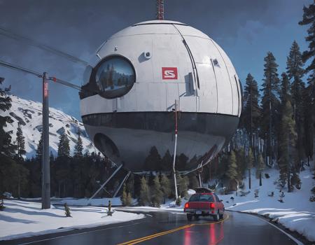 <lora:ssta:0.6>ssta, road, reflection, trees, snow, large spherical structure with wires, car with canoe strapped to roof