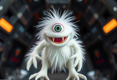 a white muppet with one central alien eye, and real sharp teeth, and three hoofed legs, spaceship background, bokeh