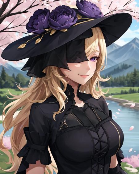 best quality, (masterpiece:1.2), illustration, absurdres,
(1girl), (solo), (beautiful detailed girl), (upper body, portrait),,
<lora:Lucrezia-08:0.8>, Lucrezia Isselee, blond hair, long hair, 
black and purple dress, gothic dress, black hat, gothic hat, veil, black lace, black thighhighs, purple high heels,
distant mountains, cherry trees, cherry blossom, petals, japanese architecture, river,,
(looking at viewer, smile),