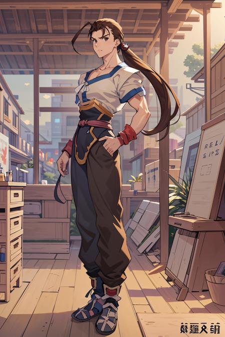 (masterpiece), (best_quality), (illustration), 1boy, fei fong wong, brown hair (relaxed:1.4), (happy:0.5), (full body:1.4),  (masterpiece), (best_quality), (illustration), anime movie background, official art, interesting location design, a (Villagecore:1.3) (shanty town:1.3)[, trending on artstation::0.4]<lora:fei_fong_wong_sd15a:1>