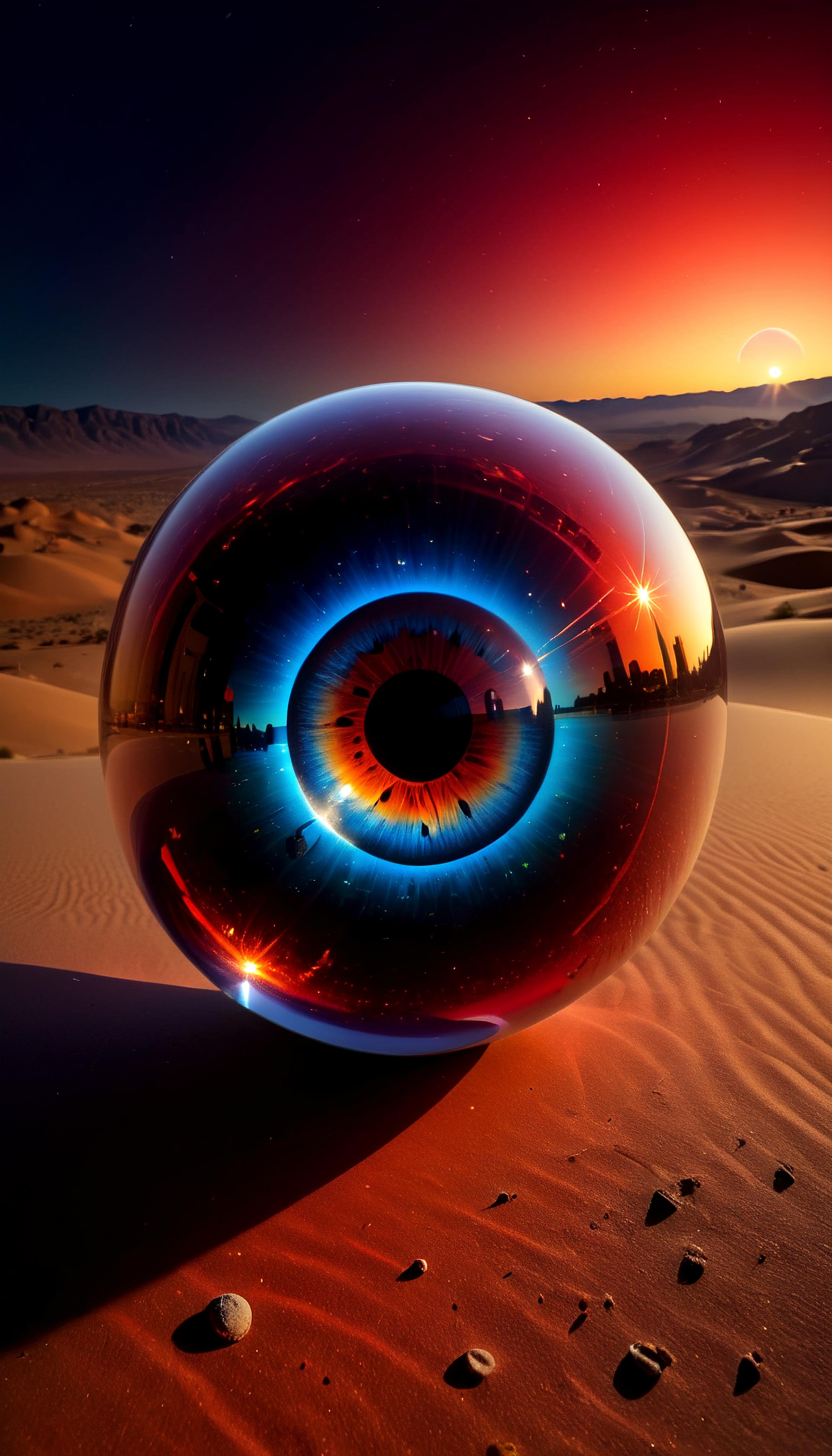Artistic Glass Eye Sculpture with Reflection of City Skyline in Sand Dunes.