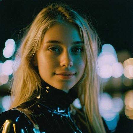 cute young girl, slight smile, blonde hair, light makeup, hyperdetailed photography, soft light, kodak gold 100 film, night scene, bioluminescent water, wearing futuristic outfit.