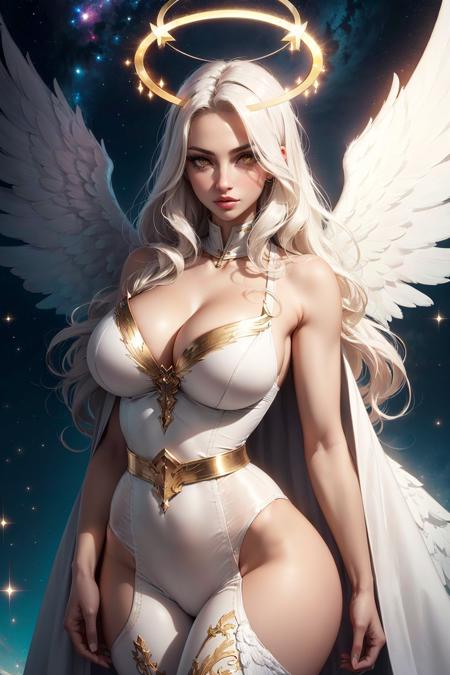 (1girl, solo), (perfect female form, perfect face, thick lips, glossy lips, eyeliner, golden eyes), (long wavy white hair:1.2), (huge breasts, narrow waists), (white detailed robe:1.4), (white delicate bodysuit, golden details, bare shoulders, cleavage), (angelic, celestial, divine, holy, sacret, halo, giant angel wings:1.4), (at heaven:1.4), (cowboy shot),
((slim, skinny waist:1.3)), ((huge pelvic)), city, accentuated breast, large pelvic, wide hip, narrow waist, curvy waist,