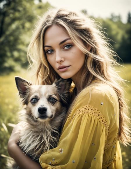 beautiful woman with long blonde hair,light blue eyes,A half-body shot, messy hair, Detailed skin, (hugging a dog),nature's elegance, yellow long flying dress, very detailed, romantic scene, Kodak Vision3 500T Film Stock Footage Style, faded film, desaturated, 35mm photo, grainy, vignette, vintage, Kodachrome, Lomography, stained, highly detailed, found footage, side view