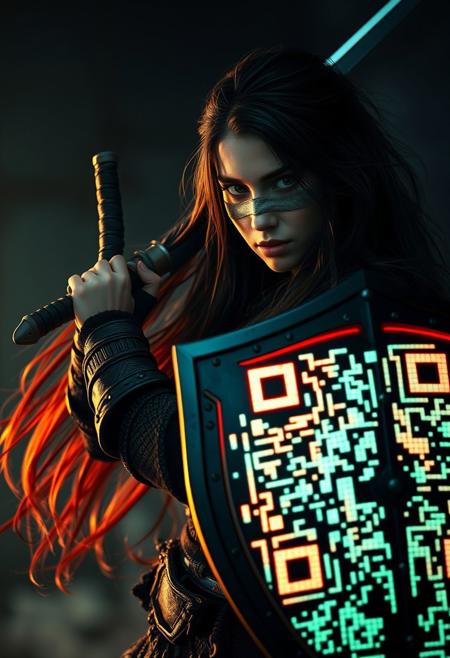 Closeup Portrait, a Long haired Knightess with Sword and a shield resembling a Large QR-Code in fight stance, translucent dark-neon colorful made of grignani lines, a giant bsft boss, volumetric lighting, ultra detailed, deep blacks, crepuscular rays, volumetric lighting, ultra detailed, deep Blacks, very detailed, atmospheric haze, Film grain, cinematic film still, shallow depth of field, highly detailed, high budget, cinemascope, moody, epic, OverallDetail, 2000s vintage RAW photo, photorealistic, candid camera, color graded cinematic, eye catchlights, atmospheric lighting, imperfections, natural, shallow dof