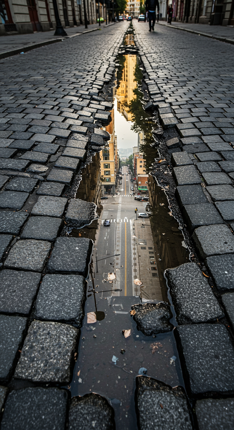A low-angle shot of a narrow puddle between gray stone pavers. Instead of a reflection of the sky, the puddle appears to contain an entire parallel world with golden-hued buildings, a distant street with cars, and the vanishing perspective of a city boulevard beneath the pavement.
