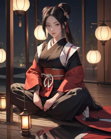 (masterpiece:1.2), best quality,PIXIV, amurai girl, Samurai girl,  black hair, solo, reflection, 1girl, long hair, hair bun, reflective floor,pants, black pants, sitting, sheath, long sleeves, blurry, lantern, double bun, depth of field, night, looking at viewer,, closed mouth, full body, paper lantern, red eyes, japanese clothes, glowing <lora:Samurai girl_20230919201612-000018:1>