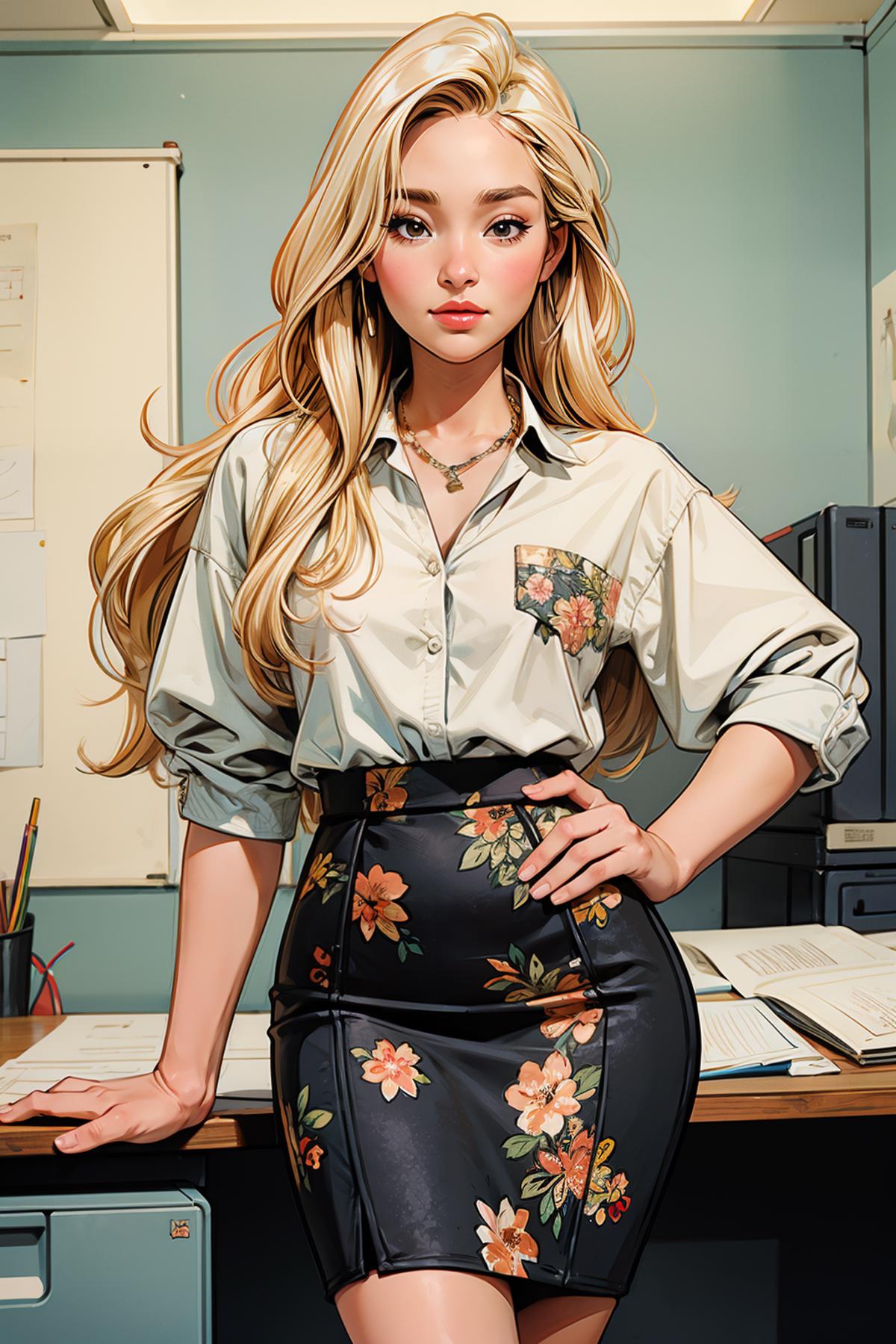 Cartoon Drawing of a Blonde Woman in a White Shirt and Floral Skirt Posing with Her Hands on Her Hips.