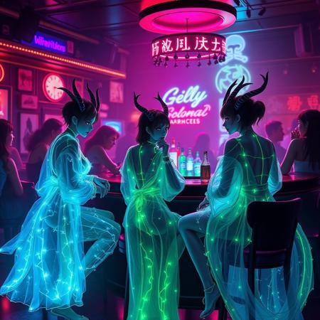 A vivid, cinematic strip club scene, illuminated by the pulsating neon lights that cast an ethereal glow on the bioluminescent patrons. In the center of this vibrant tableau, a stunning 32k masterpiece unfolds in a series of manga panels, each depicting a unique transformation sequence of five female Archaea and 1 Bioluminescence translucent male Kaiju. The females, with their translucent bodies revealing intricate bioluminescent veins, wear shimmering glass-like robes that seem to shatter and reassemble as they dance, each movement creating mesmerizing patterns of light. The 3 of them are Sitting at the bar talking,
Model:
Aitubo Waifu v2
Style
None
LoRA
SDXL Dragon Style