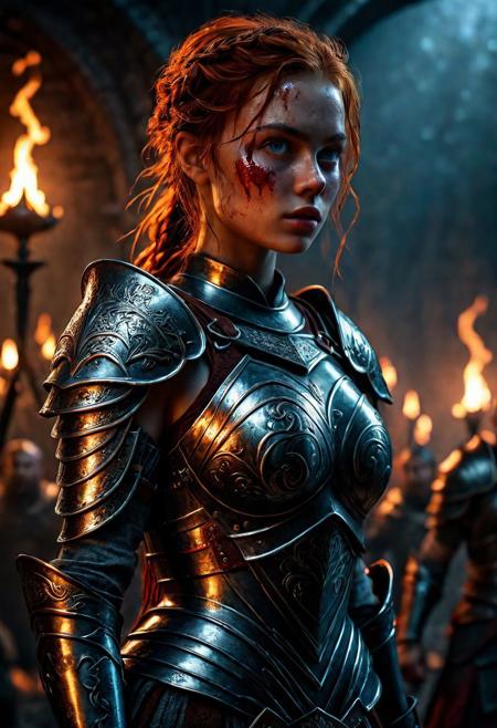 Ultra detailed digital art masterpiece Warrior girl dressed in a iron Armor, Standing on a battlefield at the head of an army of knights, where a bloody slaughter is taking place, standing in battle pose, a dark epic fantasy, perfect lighting, beautiful  Sadie Sink as Warrior girl, attractive woman, elegant, sinewy athletic body, unreal engine 5 nanite quality, mixed with dark elements, dark environment, very stormy night, clean dark velour witch clothing, LOTR style, dark washed out eyeliner, no make up, natural bloody face, realistic blue eyes, ultra detailed atmospheric details, beautiful glowing effects, sparkle effects, realistic body proportions, beautiful face proportions, complex masterpiece, wavy red hair, creative glowing detailed tattoos, complex physics, enhanced colors, complimentary colors, ultra detailed raytracing reflections, Ultra detailed complex background, environment feels alive, direct eye contact, dramatic lighting, wet and sweaty skin, beautiful firm Breasts, Concept art portrait by Greg Rutkowski, adding to the intense and dynamic atmosphere of the scene.
