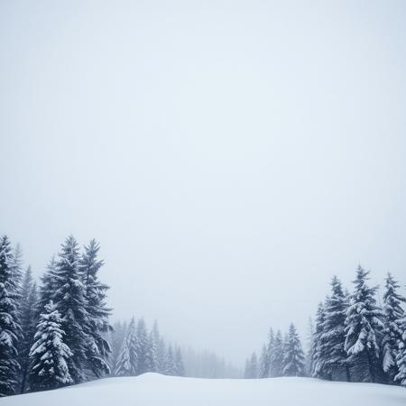 Snow, Heavy Ambient Blizzard, Total White Flurry Sky, Sky Towering Mountains, Tall Pine Trees, Glowing Abstract White, Monotone, Faded Out Images on Sides