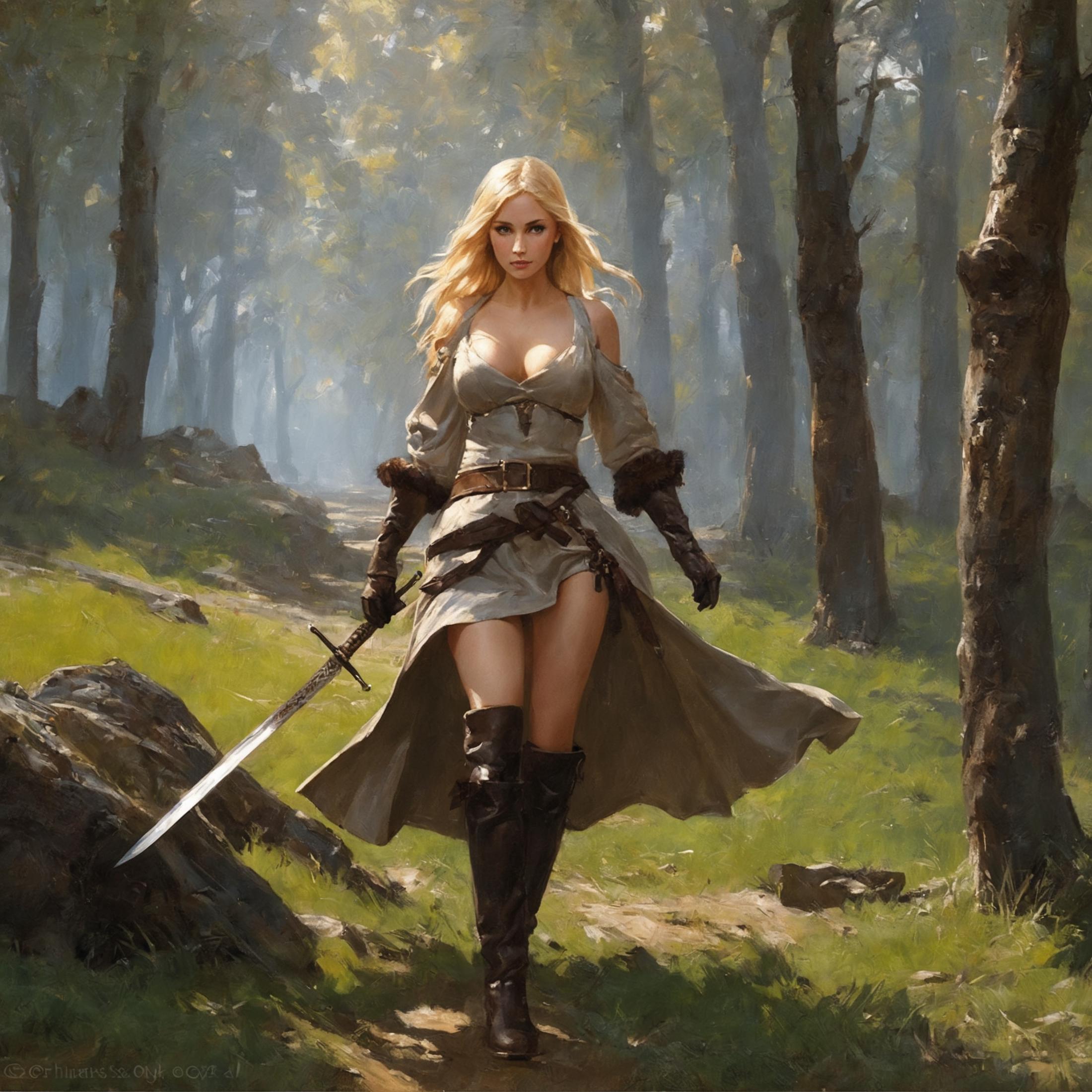 A woman holding a sword while walking through a wooded area.