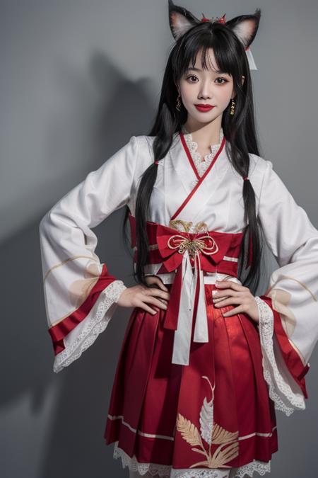 ultra-detailed,highly detailed,best quality,masterpiece,illustration,realistic,
hutao, 1girl, black hair, long hair, solo, korean clothes, hands on hips, hanbok, realistic, ribbon, jewelry, smile, long sleeves, looking at viewer, standing, skirt, grey background, black eyes, dress, simple background, flower, brown eyes, earrings, cosplay, traditional clothes, red ribbon, chinese clothes, red skirt, bow, closed mouth, lips, animal print, wide sleeves, bangs, signature, feet out of frame, tdnm,
 <lora:hutao_tdnm_v2_03:0.6>