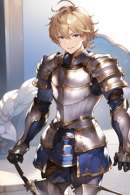 <lora:gbf_Romeo18:0.55>Romeo,solo,male,(granbluefantasy:0.7),blonde hair,medium hair,blue eyes,smile,looking at viewer,armor,shoulder armor,breastplate,pauldrons,gauntlets