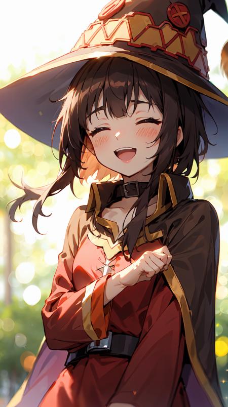 (bokeh, lens flare:1.3), megumindef, witch hat, cape, sunset, ^ ^, backlighting, blurry, blush, , closed eyes, collar, depth of field, looking at viewer, smile, open mouth, close-up, <lora:megumin_v3:0.8>