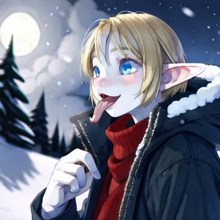 ASCIInighttime, 1_girl, young_adult, outdoors, standing_in_snow, ((looking_upward)), (no_animal_nose, no_human_nose), tongue_out, catching_snowflakes_on_tongue, happy, very_long_tongue, thick_tongue, ((blue_irises)),  large_jacket, no_fur, non_anthro, human, large_nose, broad_nose, ((snout_nose))((straight_line_from_nose_to_upper_lip)), small_nostrils, elf_ears, slender_fingers, pointy_ears, blonde_hair, pixie_cut, stocky_physique, tan_skin, flat_chest, no_breasts, no_horns, ((no_animal_features)), ((3_fingers_1_thumb)),
<antiSketchV1_1>
Highly_detailed_face, high_quality_image