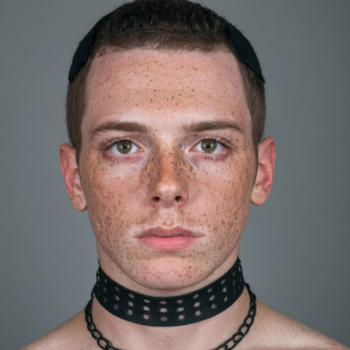 <lora:90B28AE8F5:0.7> man with extreme freckles wearing a choker he has natural-looking skin staring forward , hd, sharp f...