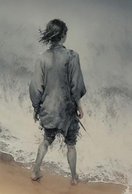 hyper-detailed, traditional-styled digital ink wash with sumi-e blending, 4k texture fidelity, simulated handmade brush
1boy, adult, solo, walking distant shoreline, small silhouette, ocean coast, calm stride, natural skin tone, no visible eyes, neutral posture,
soft horizon light, cool grays, misty ambient tone,
loose tunic, cotton blend, desaturated gray, minimal folds, ink bleeding,
thin walking stick, beside leg, dark wood ink tone, no gleam,
short-cropped, windblown, charcoal black, dry ink texture,
no makeup, minimal visible detail, implied expression,
none,
expansive shore, receding tide, asymmetrical depth framing,
ink drips, feathered strokes, trailing wave texture,
low contrast brush tones, sumi-e and ink wash fusion, meditative stillness, reflective calm,