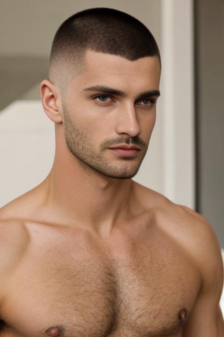 buzzcut hair stubble male, black hair, piercing eyes, pecs <lora:male_buzzcut:0.7>