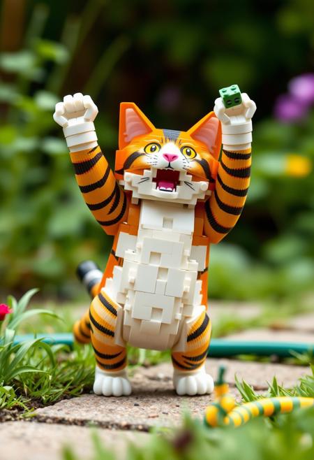 masterpiece, best quality, A humorous depiction of an absurd cat made of Lego, struggling with her legs, her eyes pop out, and jumping up like an idiot, astounded by a hose made of Lego in the garden that she mistakenly for a snake.