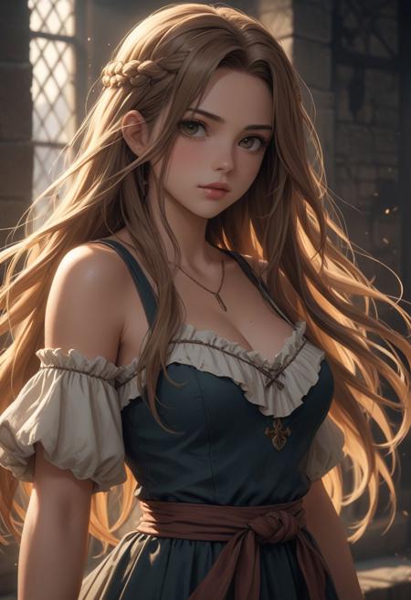 score_9, score_8_up, score_7_up, score_6_up, dynamic, (anime, masterpiece), best quality, (8k), detailed background, sharp focus, intricate, ambient lighting, super high quality, hyper detailed background, cinematic lighting, adult, double tone long hair, medium breasts, verybadimagenegative_v1.3, peasant girl, medieval vibes, ripped clothing