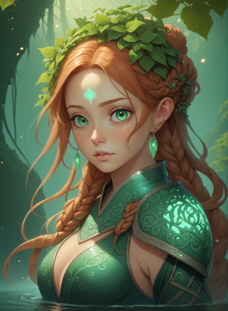 (fantasy art illustration:1.3), 1girl, (Guo Shen (God of the Waters), Chinese goddess: 1), octokuro, sfw, (best quality, masterpiece), 1 girl, adult , (elven:0.7), woman, freckles, hazel eyes, ginger braided hairstyle, Style-GravityMagic, solo, upper body, looking at viewer, detailed background, detailed face, bioluminescent, (BiophyllTech theme:1.1, ) glowing eyes, verdant-champion, leaf armor, blending of ivy with armor, rusted armor, flower helm, green magical lights, walking, graceful, green runes, lit-up green mystical symbols etched in armor, magical plant growth, tangled roots in background, magical haze, filtered light, eerie atmosphere, vibrant colors, candlelight, (, motion lines:1.3, ), (, eye level shot, medium shot:1.3, open mouth, emotional:1.3), front view, upper body view, looking at the viewer, (, angry, open mouth, yelling:1.3, ), jade eyes, (, sexy, hot, attractive:1.3, ), charming, (, intricate details:1.3, )