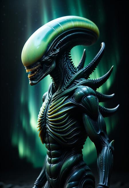 8k, Raw digital photo, high quality, jaynl-tm, hyperrealistic, profile, a Xenomorph made of aurora, emerging from the shadows, eerie, 80mm,
