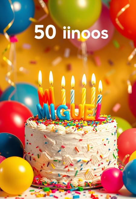 A beautiful birthday cake with colorful frosting, decorated with candles that spell 'MIguel '. Surrounding the cake are vibrant balloons in different colors, creating a festive atmosphere. The background is bright and cheerful, with confetti and streamers adding to the celebration. The scene is well-lit with a warm, happy glow, perfect for wishing a friend a happy birthday." 50 anos