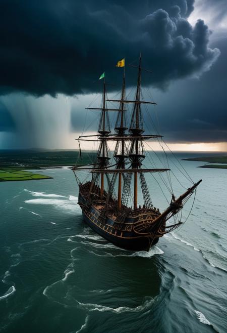 cinematic still Aerial view of a weathered 16th-century pirate ship stranded on a flooded coast in Ireland. Dark storm clouds loom overhead, with lightning illuminating a backdrop of sail-like buildings and hapless Phinisi ships, creating a dramatic, surreal scene. Rainfall and swirling ripples add to the chaotic atmosphere . emotional, harmonious, vignette, 4k epic detailed, shot on kodak, 35mm photo, sharp focus, high budget, cinemascope, moody, epic, gorgeous, film grain, grainy, Aerial view of a weathered 16th-century pirate ship stranded on a flooded coast in Ireland. Dark storm clouds loom overhead, with lightning illuminating a backdrop of sail-like buildings and hapless Phinisi ships, creating a dramatic, surreal scene. Rainfall and swirling ripples add to the chaotic atmosphere, cinematic, detailed, professional, extremely quality, highly