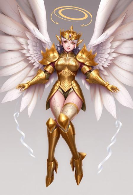 Image 2 (Siren-themed, Angelic Character):
Armor Parts:
    Helmet: Crown-like, with soft, wing-like extensions around the head, emphasizing a feminine and elegant look.
    Chest Plate: Gold and finely detailed with engraved patterns resembling ocean waves, highlighting the siren theme.
    Shoulder Pauldrons: Shaped to mimic seashells, with layered, curved designs that add an oceanic feel.
    Arm Guards and Gauntlets: Sleek, form-fitting, with subtle engravings, delicate in design, matching the armor’s overall elegance.
    Waist and Hip Armor: Slim, with a decorative belt and segmented plates that flow down smoothly.
    Leg Armor: Golden, with knee guards and greaves that resemble fish scales, flowing down to armored high-heeled shoes.
Character Position: The character is floating in a relaxed, reclining pose, with her arms slightly spread. Her facial expression is serene, evoking a sense of calm.
Background Details: Large, white angelic wings extend gracefully behind her, with ethereal sparkles surrounding the scene. The dark background enhances the celestial aura of the character, adding a sense of tranquility.ng_deepnegative_v1_75t, easynegative, verybadimagenegative_v1.3, Wangstyle