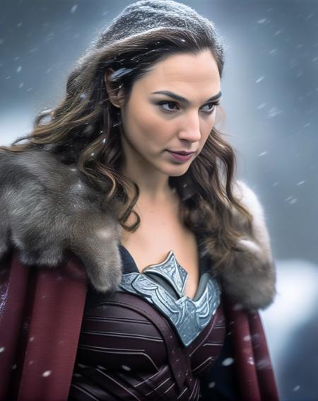 GalGadot,<lora:GalGadotSDXL:1> photograph, Compelling athletic Female cosplaying as Freyja, Snowing, Iphone X, Low shutter