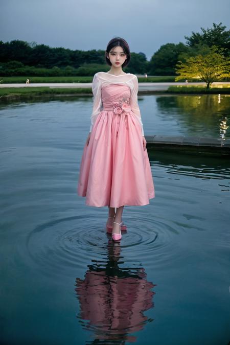 a fashion portrait of a beautiful female model wearing haute couture of Dark Pink, photo by martin parr, professional medium format film, sharp focus, spring, evening, fantastic scenery, outdoors, pond, (full body:1.4), short hair,  <lora:oljbll_:0.9>