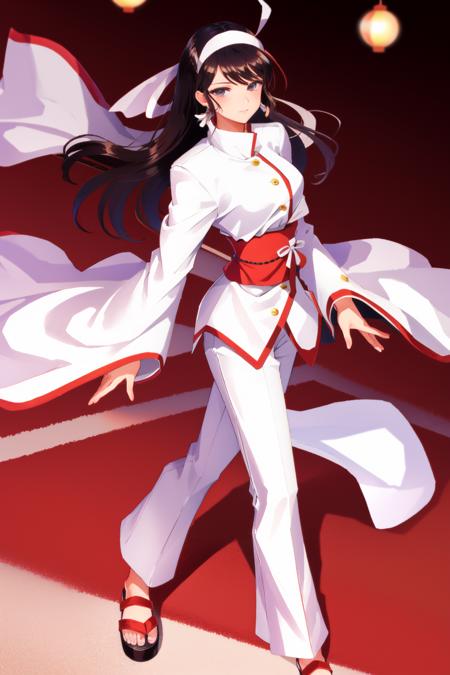 Chizuru Kagura,white headband,black hair,(trousers),(temple:1.2), best quality, <lora:Chizuru_Kagura_v0:0.6>