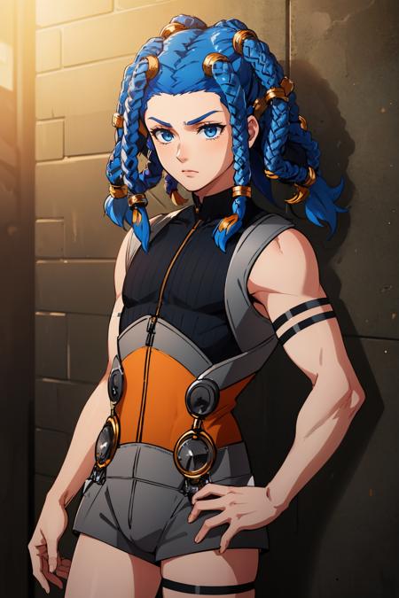 cielodds, bodysuit, armor, overalls, black shorts, dreadlocks, blue hair, 1boy