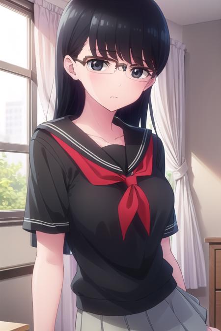 kyoukokuroyuri, <lora:kyouko kuroyuri s1-lora-nochekaiser:1>,
kyouko kuroyuri, long hair, black hair, (black eyes:1.5), glasses,
BREAK skirt, school uniform, pantyhose, pleated skirt, serafuku, armband, (black shirt:1.2),
BREAK indoors, classroom,
BREAK looking at viewer, (cowboy shot:1.5),
BREAK <lyco:GoodHands-beta2:1>, (masterpiece:1.2), best quality, high resolution, unity 8k wallpaper, (illustration:0.8), (beautiful detailed eyes:1.6), extremely detailed face, perfect lighting, extremely detailed CG, (perfect hands, perfect anatomy),