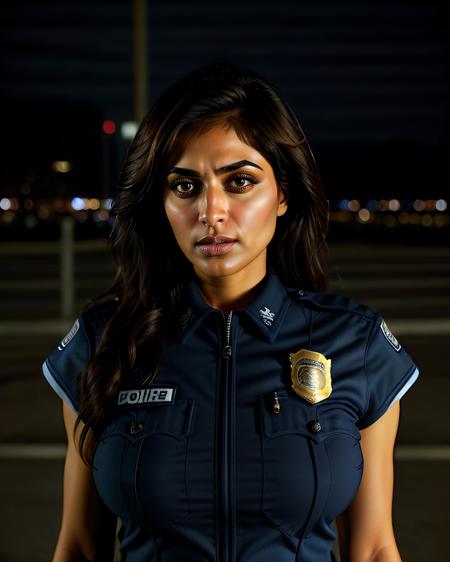 professional portrait photo of a 30-year-old woman, desimocha, conservatively dressed in NYPD Police uniform, serious expression, solo, anatomically accurate, night time, city bokeh lights   <lora:Desi_Coffee_V3_SD15_LoRA_prodigy_local_regs:1>