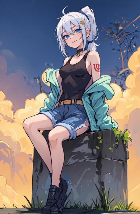 best quality, high resolution, distinct image, concept art, 1girl, solo, sitting, looking at viewer, smile, white hair, outdoors, on ground, full body, sunlight, dappled sunlight, day, depth of field, (pretty girl:1.4), (small breasts:1.2), (jacket), (sleeveless hood), blue eyes, Indigo hair, choker, tattoo, jeans, (short half ponytail:1.4), Fireworks