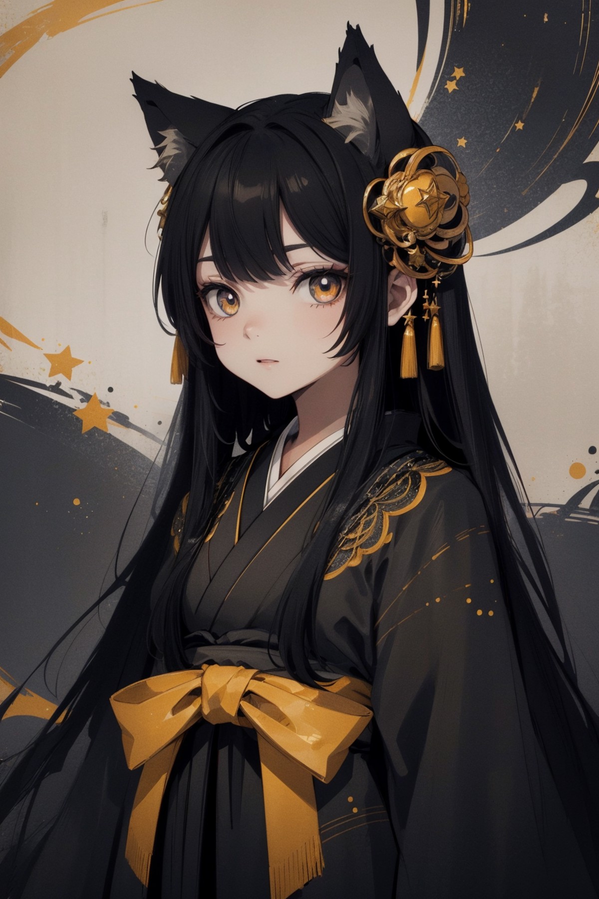 (best quality) ((extremely detailed)), bright black hair and yellow eyes, long hair, big eyes, star-shaped eyes, classic s...