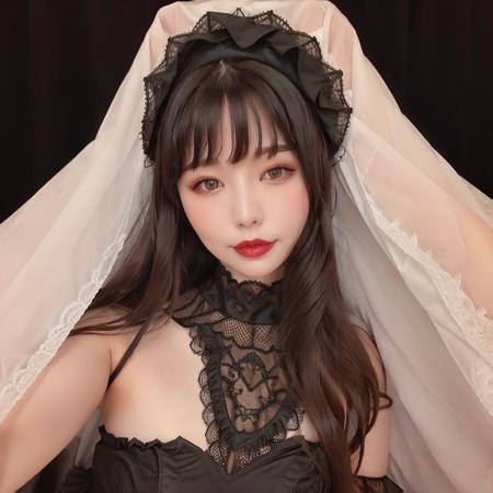 mio, A young woman with medium breasts, cleavage, with long, wavy black hair and a fringe is taking a selfie. She is wearing an intricately designed black, ribbed top with cut-out shoulders adorned with lace and gothic embroidery. Her dark, layered skirt features lace patterns and elegant ruffles. The background is plain and dark, emphasizing her features and outfit. The lighting is dim, highlighting her pale, porcelain-like skin with subtle, intricate details such as faint veins and a soft blush on her cheeks. Her dark makeup includes bold eyeliner and deep red lipstick. She has a gentle smile, mouth closed and pale skin, <lora:mio:0.7>