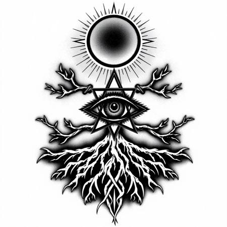 tattoo design, occult hermetic symbolism, eclipse, eye, roots, tree of life, chaos star