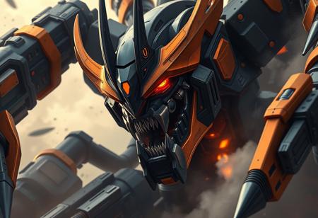 Generate a close-up, 8K, cell-shaded, masterpiece illustration of a snarling robot, inspired by the unicron trilogy, with numerous limbs, black and orange dominant colors, and a cybertruck aesthetic. Incorporate a portcullis and a demonic, tempest-like atmosphere, reminiscent of Gerald Brom, James Jean, Krenz Cushart, Yuumei, and Death Burger's styles, trending on Artstation, with graffiti paint, fine details, and a golden ratio composition.