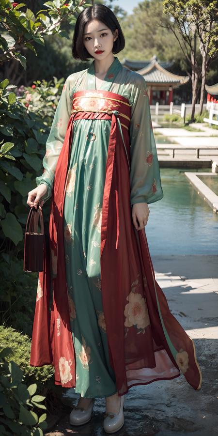 <lora:tang_hanfu:0.55>,(hanfu),(chinese clothes),((floral print)),((red magnificent print long sleeves)),((green print see-through dress)),1 girl,full body,(short hair),(realistic:1.7),((best quality)),absurdres,(ultra high res),(photorealistic:1.6),photorealistic,octane render,(hyperrealistic:1.2), (photorealistic face:1.2), (8k), (4k), (Masterpiece),(realistic skin texture), (illustration, cinematic lighting,wallpaper),( beautiful eyes:1.2),((((perfect face)))),(cute),(standing),(black hair),black eyes,red lips, outdoors,(chinese style countryard),(pond),<lora:JapaneseDollLikeness_v15:0.2>,