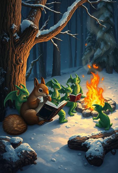 During a dark snowy night a big squirrel sits nearby fallen tree next to a  big campfire and  eats a walnut and holds a cup of tea, sits among  a group of little green dragons with dark green wings. They read a fairy tales book. Book's cover is dark with golden letters. Snow around, snowy, winter forest, vivid colors, realistic details like seeing under an electron scanning microscope